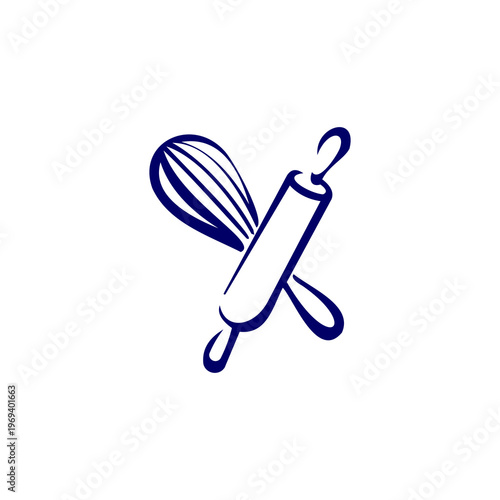 A charming and fluid minimalist logo in deep navy blue, depicting a crossed whisk and rolling pin.