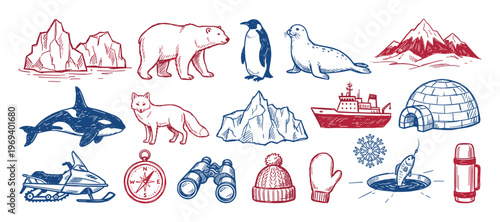 Collection of hand-drawn arctic and antarctic elements, including animals, landscapes, and winter gear, in a charming doodle style