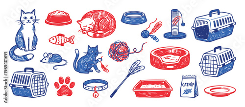 Collection of hand-drawn cat illustrations and pet accessories in red and blue colors, featuring playful kittens and essential items