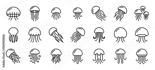 Collection of various simple black outline jellyfish icons with different tentacle styles and shapes