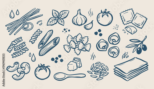 Italian pizza joy, cooking ingredients doodle, mediterranean food vector, tomato and garlic, basil and pasta, kitchen garden pattern, hand drawn pizza
