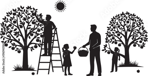 Family Picking Apples in Orchard Silhouette Graphic Vector Illustration