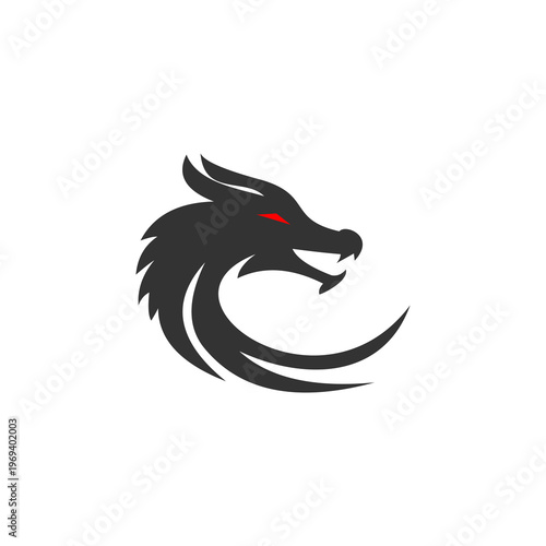 A powerful and aggressive minimalist logo in charcoal black and striking red, depicting the stylized head of a dragon.
