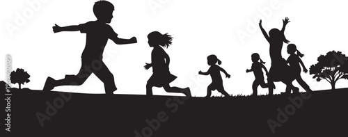 Happy Kids Playing Outdoors Silhouette Background Vector Illustration