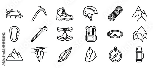 Collection of black outline icons representing various mountaineering and climbing equipment and natural elements, presented in a clean, minimalist style