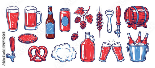 Vibrant collection of hand-drawn beer-related items, including glasses, bottles, hops, a barrel, and a pretzel, rendered in a playful red and blue sketch style