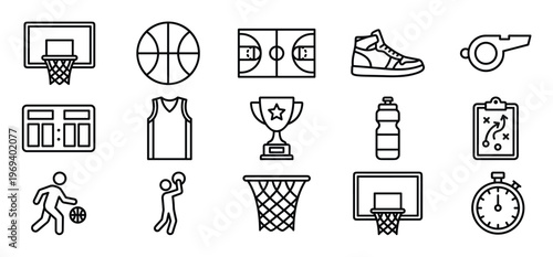 Collection of basketball-themed outline icons including a hoop, ball, court, shoe, whistle, and player figures