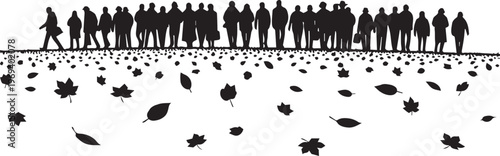 Group of People Walking in Autumn Field Silhouette Vector Illustration