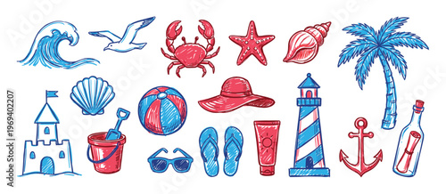 Collection of hand-drawn summer and beach-themed illustrations in blue and red colors, depicting various vacation elements