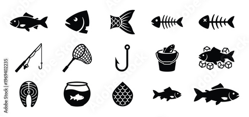 Collection of black silhouette fish and fishing related icons presented in a clean, graphic style