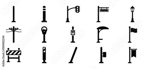 Various black silhouette street poles and urban elements are presented as a collection of simple icons