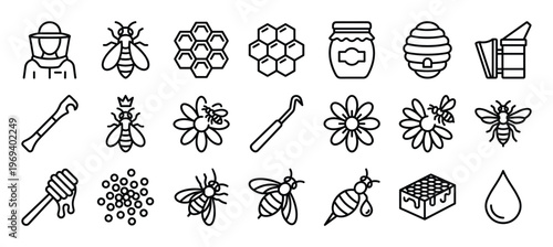 Collection of black outline beekeeping icons including bees, honeycombs, a beekeeper, and various tools, presented in a clean graphic style