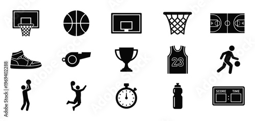 Collection of black silhouette basketball icons featuring various equipment, players, and court elements in a clean, graphic style