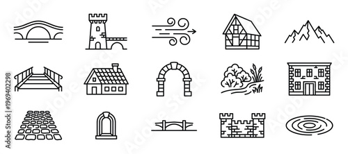 Collection of various outline icons depicting architectural structures, natural elements, and weather phenomena in a minimalist style