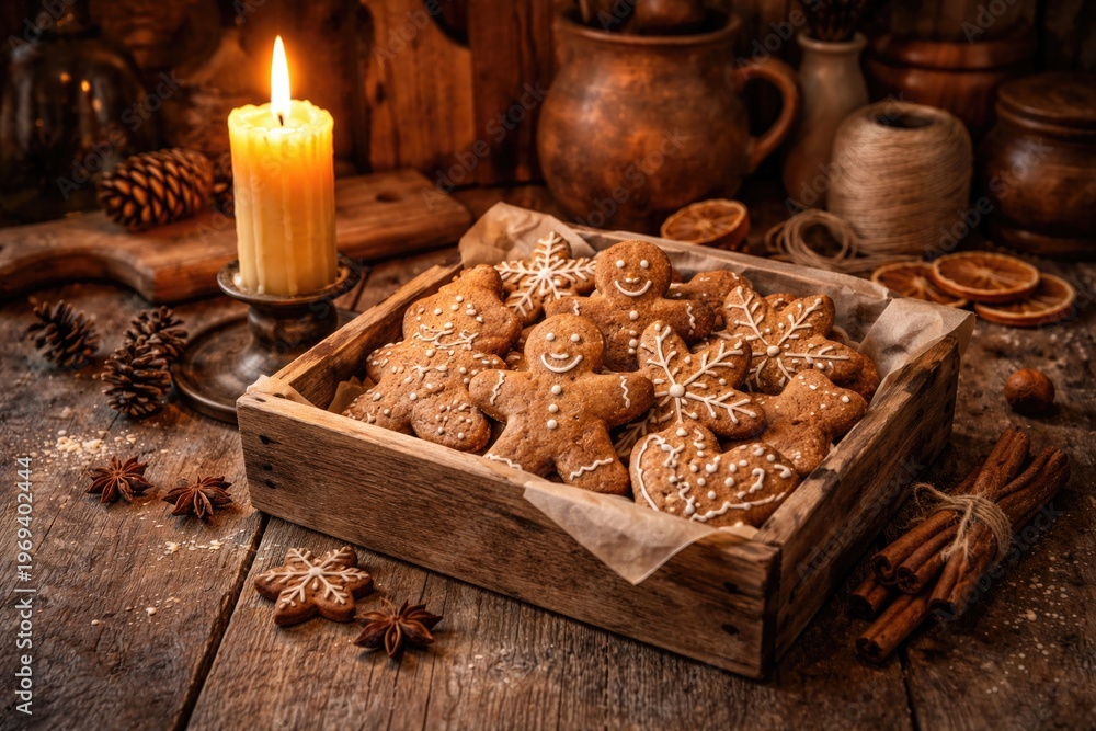 Fototapeta premium Rustic kitchen scene with glowing candle and hand baked gingerbread cookies in wooden box