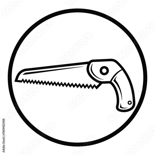 Black and white illustration of handsaw in circular frame for craft concept icon