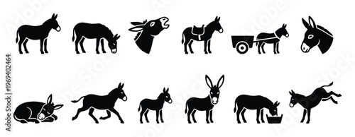 Collection of black silhouette donkey icons in various poses and actions, including standing, braying, pulling a cart, and sleeping