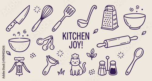 Kitchen joy cooking, chef tools doodle, utensils vector art, culinary equipment line art, home cooking pattern, recipe icons background, hand drawn kitchen
