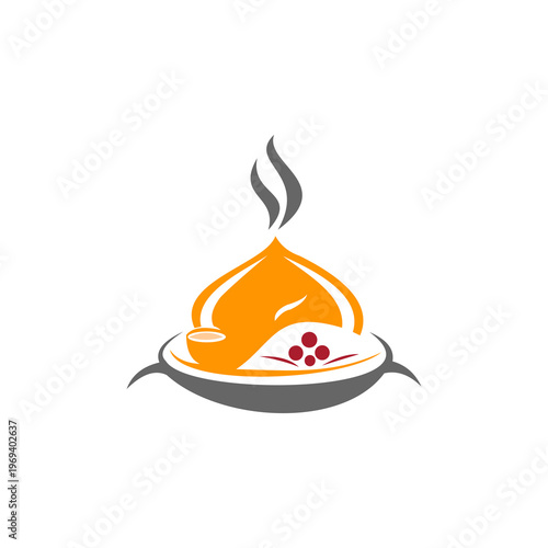 A cozy and inviting minimalist logo in golden orange, charcoal grey, and deep red, depicting a steamed bun or dumpling on a platter
