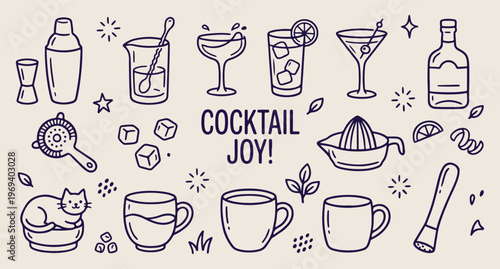 Фотография Cocktail joy party, summer drinks doodle, tropical beverage vector, bar menu lin