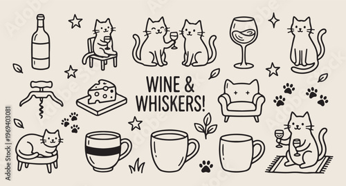Wine and whiskers, cute cats drinking, funny pet illustration, feline lover art, cat and wine vector, cozy pet graphic, humorous animal design

