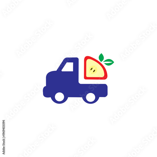 A playful and functional minimalist logo in navy blue, red, pale yellow, and green, depicting a delivery truck carrying a sliced apple.