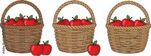 Set of 3 Wicker Baskets Filled with Red Apples for Harvest, Food, and Fall Designs