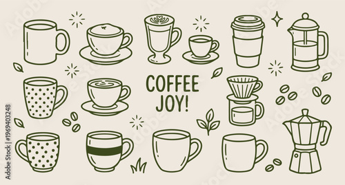 Coffee joy morning, espresso cup doodle, barista tools vector, cafe culture line art, hot beverage pattern, coffee bean icons, hand drawn coffee
