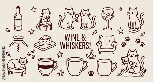 Wine and whiskers, cat drinking wine, feline pet doodle, cozy home vector, cat lover line art, wine glass pattern, hand drawn pet art
