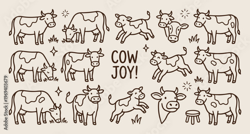 Cow joy farm, dairy cattle doodle, meadow animals vector, organic farming line art, ranch life pattern, rural landscape icons, hand drawn cows
