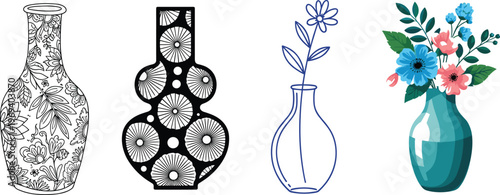 Set of 4 Decorative Flower Vases with Detailed Patterns and Colorful Floral Designs for Home Decor, Art, and Interior Designs