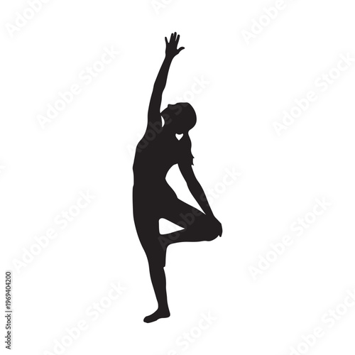 yoga silhouette woman stretching arm up tree pose black outline