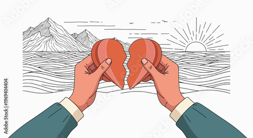 Hands holding broken heart illustration concept of relationships and emotions