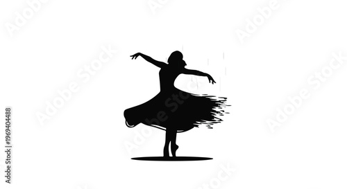 Elegant dancer gracefully twirls, her dress flowing dynamically in a silhouette against a white background.