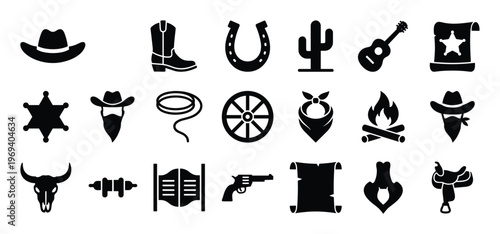 Collection of twenty black silhouette cowboy and western-themed icons arranged neatly across a white surface