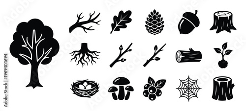 Collection of black silhouette nature icons including a tree, branches, leaves, pinecone, acorn, and tree stumps
