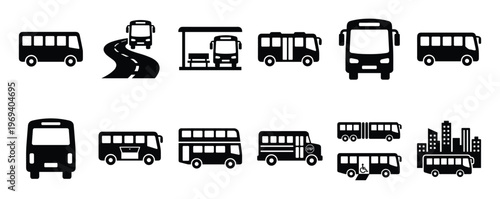 Collection of black bus icons in various styles and scenarios, representing public transportation