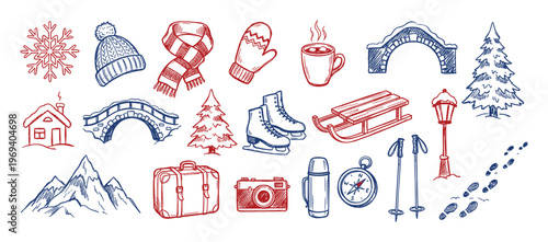 Various hand-drawn winter season elements and travel objects, including a snowflake, hat, scarf, mittens, and ice skates, depicted in a charming sketch style