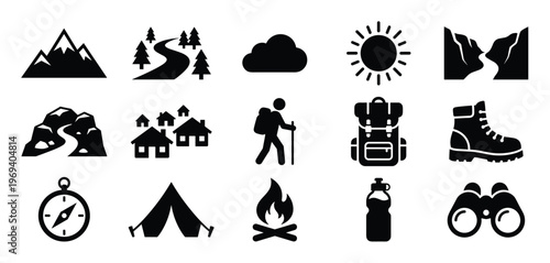 Collection of black silhouette icons representing various outdoor activities and elements like mountains, trees, and camping gear