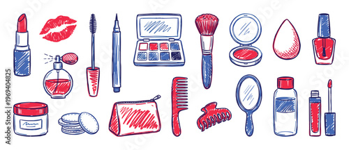 Collection of hand-drawn red and blue beauty products and makeup tools arranged neatly in a flat lay style