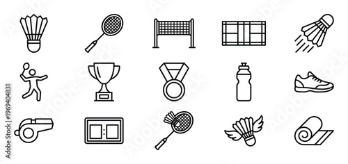 Collection of black outline badminton icons including shuttlecock, racket, net, court, player, trophy, medal, and water bottle