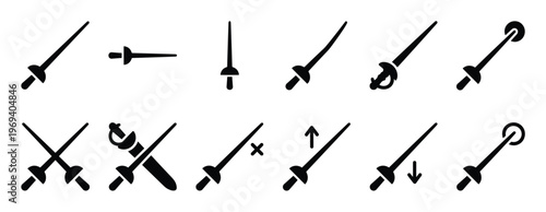 Collection of black fencing foil and sabre icons in various positions and styles, including crossed swords
