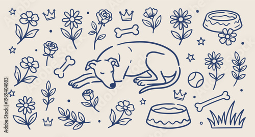 Dog sleeping soundly, cozy pet background, animal rest vector, tired puppy pattern, domestic pet line art, peaceful canine doodle, hand drawn sleeping dog
