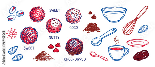 Hand-drawn doodle style illustration of various chocolate truffles, nuts, and baking ingredients with kitchen utensils
