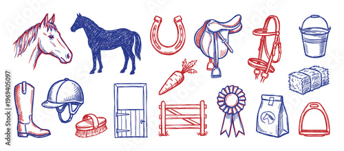 Various hand-drawn horse riding and equestrian sport elements are depicted in a vibrant red and blue sketch style