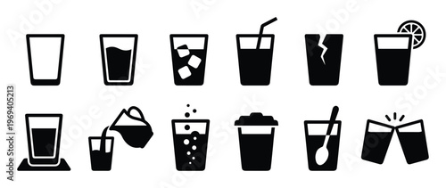 Collection of various beverage glass icons in black and white, depicting different drinks and situations