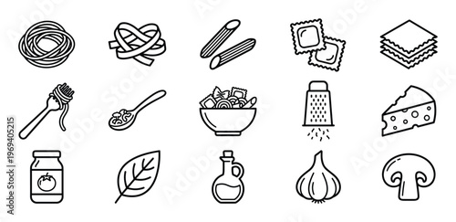 Collection of black outline icons depicting various pasta types, ingredients, and cooking tools for Italian cuisine