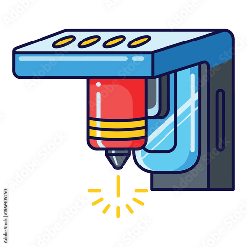 Cartoon 3d printer head with red nozzle and yellow lines  closeup icon