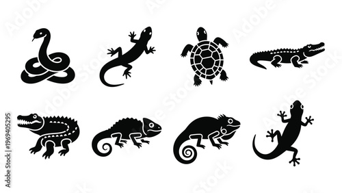 A collection of diverse reptile and animal silhouettes including a snake lizard turtle and crocodile silhouette high quality professional detailed modern