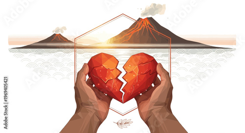 Hands holding broken heart before volcanos sunrise illustration